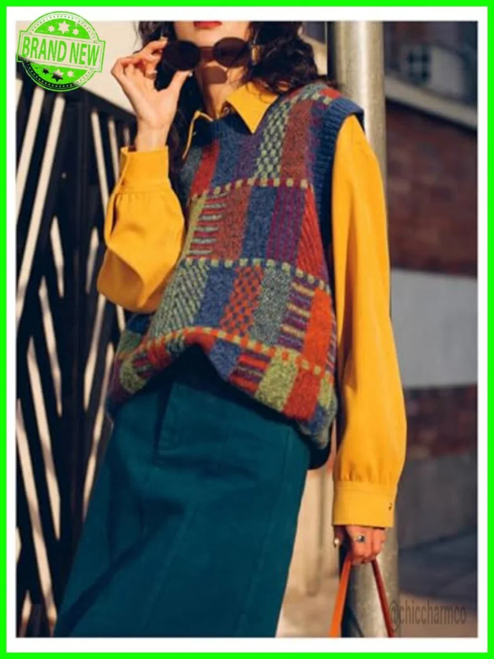Womens Vintage Plaid Sweater Vest Crewneck Sleeveless Pullover